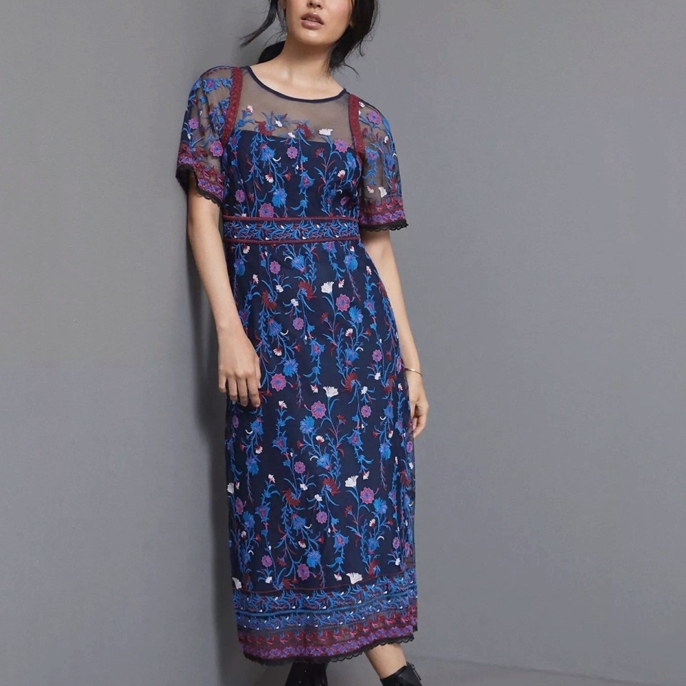 Anthropologie Mehreen Embroidered Maxi Dress Gown Blue Red holiday Tulle NWT 16